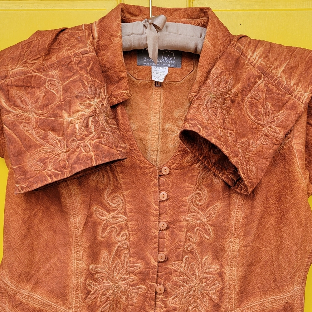 Inca Cottons Peruvian Embroidered Cotton Blouse L Boho Western Cottagecore - Picture 4 of 11